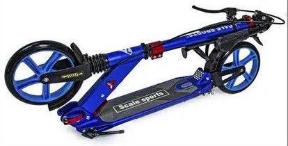 Дитячий самокат Scale Sports SS-10 для підлітків і дорослих синій колір з ручним гальмом, 2 амортизатора з флягоутримувачем та підніжкою 1673433034 фото