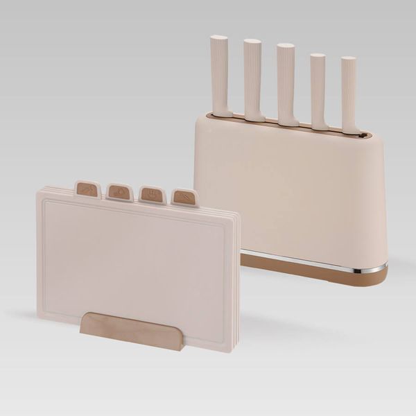 Кухонний набір Maestro MR-1412-BEIGE &mdash; 10 предметів (ножі + обробні дошки з підставкою) MR-1412-BEIGE фото